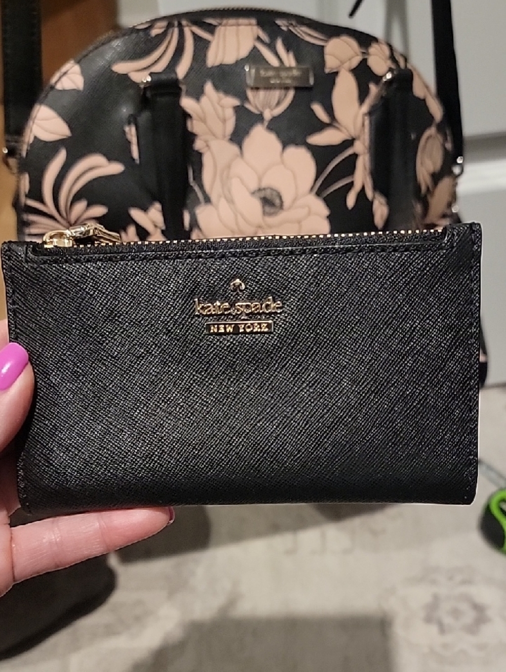 kate spade Black & Pink Floral Dome Satchel with Black Wallet - Picture 15 of 17